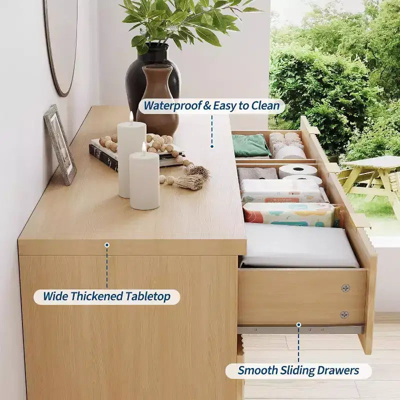 Comò da camera da letto con cassetti da 47 pollici, toletta moderna medievale con maniglia dorata, mobile per medicazioni scanalato, mobiletto contenitore in rovere