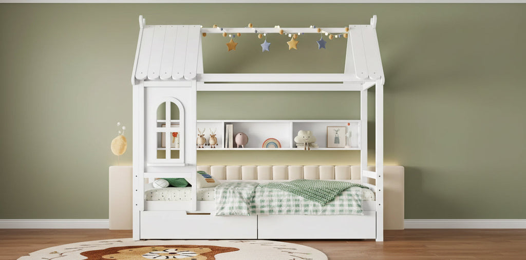 Letto per Bambini a Casa su Piattaforma in Legno Massello Twin/Full con Cassetti/Ripiani Portaoggetti, Design a Finestra Infantile