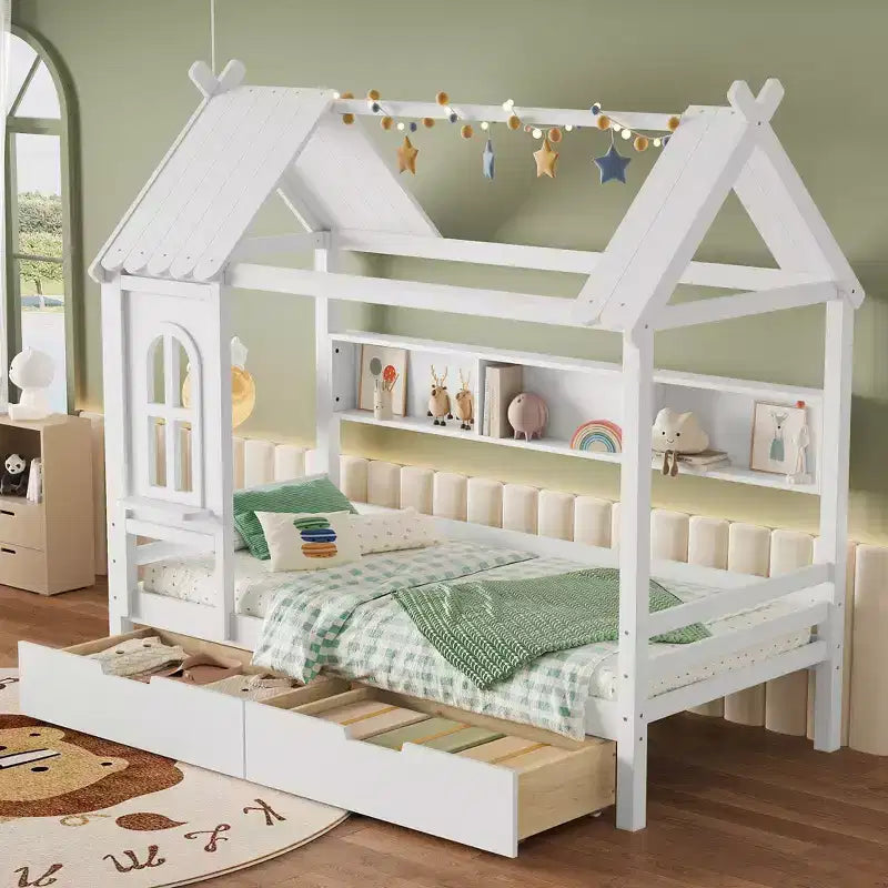 Letto per Bambini a Casa su Piattaforma in Legno Massello Twin/Full con Cassetti/Ripiani Portaoggetti, Design a Finestra Infantile
