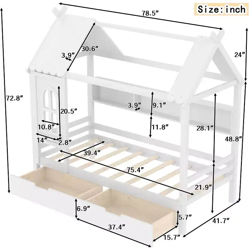 Letto per Bambini a Casa su Piattaforma in Legno Massello Twin/Full con Cassetti/Ripiani Portaoggetti, Design a Finestra Infantile
