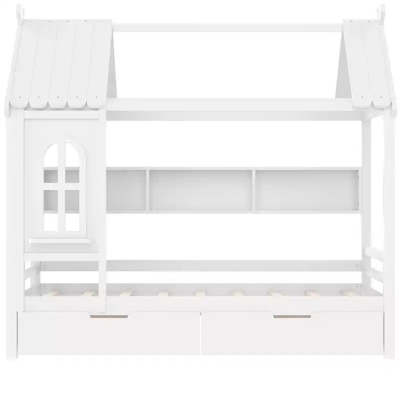 Letto per Bambini a Casa su Piattaforma in Legno Massello Twin/Full con Cassetti/Ripiani Portaoggetti, Design a Finestra Infantile