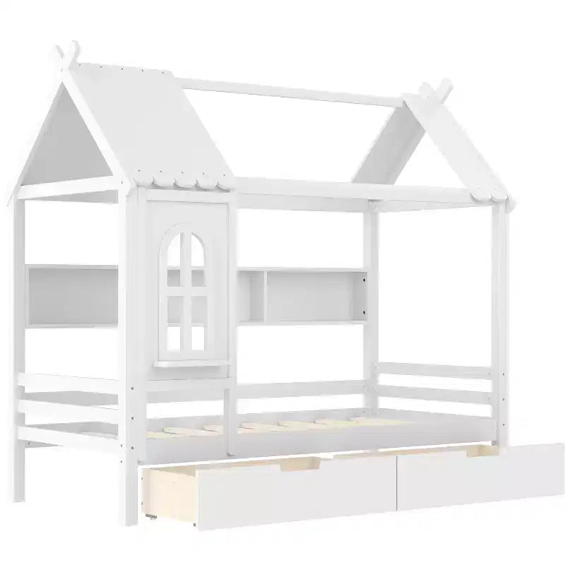 Letto per Bambini a Casa su Piattaforma in Legno Massello Twin/Full con Cassetti/Ripiani Portaoggetti, Design a Finestra Infantile