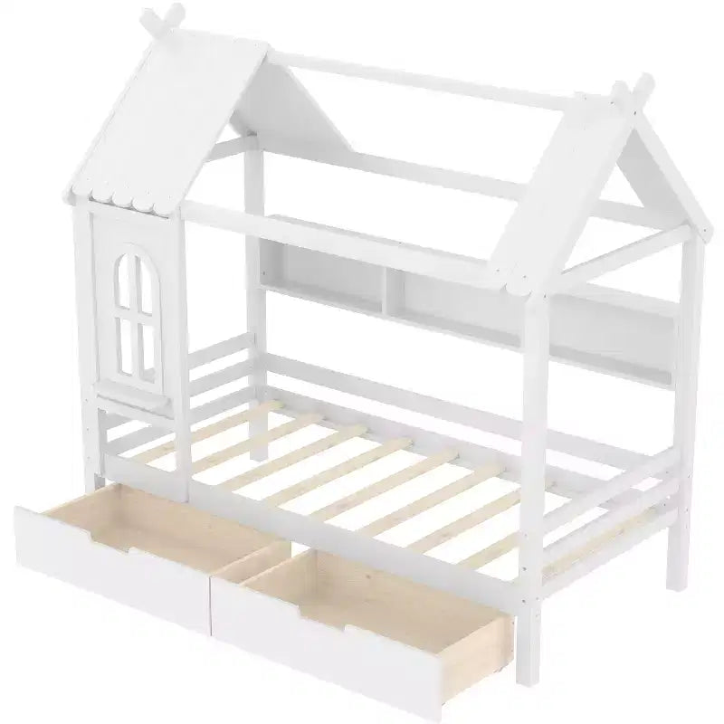Letto per Bambini a Casa su Piattaforma in Legno Massello Twin/Full con Cassetti/Ripiani Portaoggetti, Design a Finestra Infantile