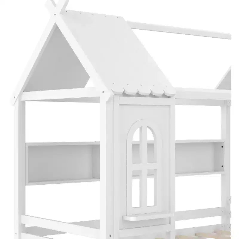 Letto per Bambini a Casa su Piattaforma in Legno Massello Twin/Full con Cassetti/Ripiani Portaoggetti, Design a Finestra Infantile