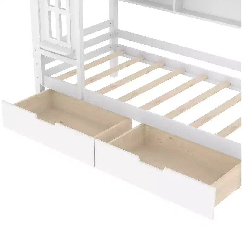 Letto per Bambini a Casa su Piattaforma in Legno Massello Twin/Full con Cassetti/Ripiani Portaoggetti, Design a Finestra Infantile