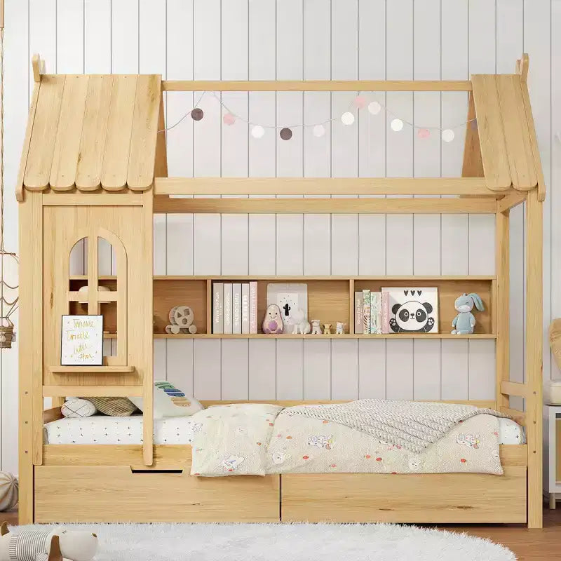 Letto per Bambini a Casa su Piattaforma in Legno Massello Twin/Full con Cassetti/Ripiani Portaoggetti, Design a Finestra Infantile