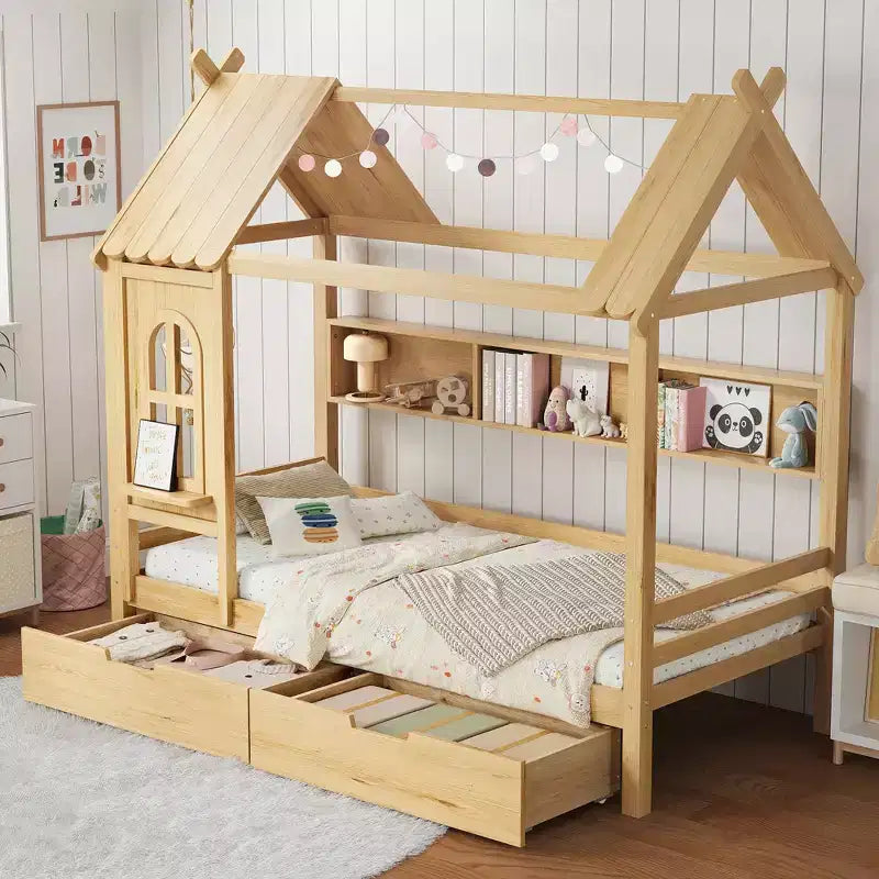 Letto per Bambini a Casa su Piattaforma in Legno Massello Twin/Full con Cassetti/Ripiani Portaoggetti, Design a Finestra Infantile