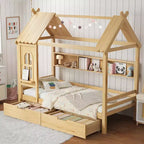 Letto per Bambini a Casa su Piattaforma in Legno Massello Twin/Full con Cassetti/Ripiani Portaoggetti, Design a Finestra Infantile