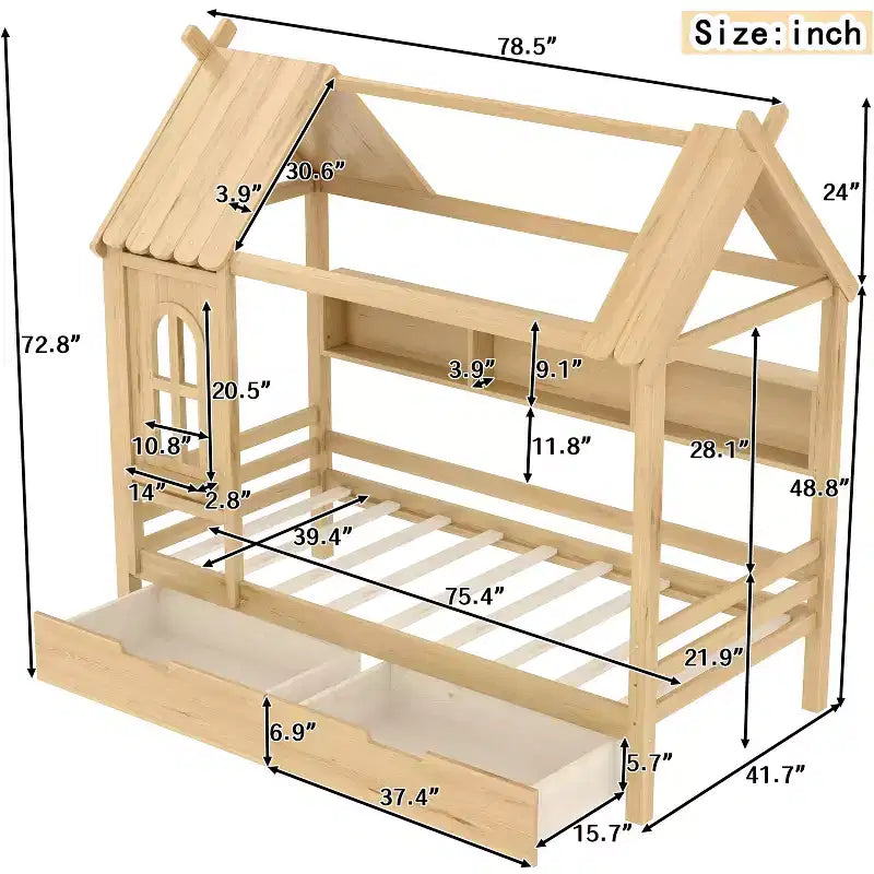 Letto per Bambini a Casa su Piattaforma in Legno Massello Twin/Full con Cassetti/Ripiani Portaoggetti, Design a Finestra Infantile