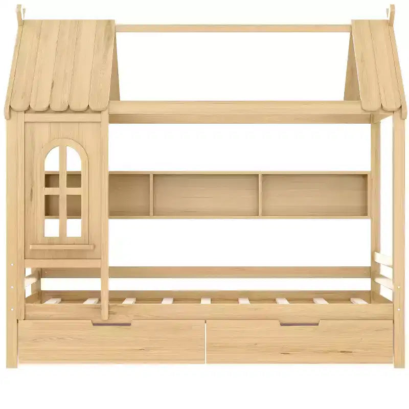 Letto per Bambini a Casa su Piattaforma in Legno Massello Twin/Full con Cassetti/Ripiani Portaoggetti, Design a Finestra Infantile