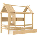 Letto per Bambini a Casa su Piattaforma in Legno Massello Twin/Full con Cassetti/Ripiani Portaoggetti, Design a Finestra Infantile