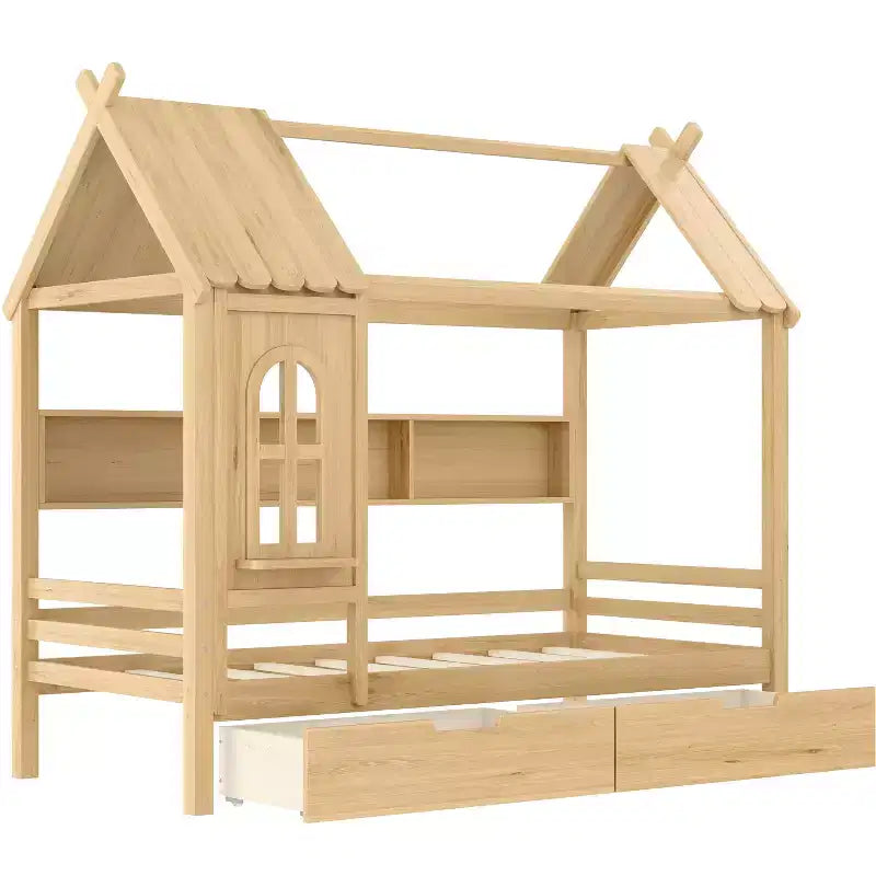 Letto per Bambini a Casa su Piattaforma in Legno Massello Twin/Full con Cassetti/Ripiani Portaoggetti, Design a Finestra Infantile