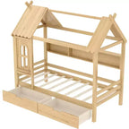 Letto per Bambini a Casa su Piattaforma in Legno Massello Twin/Full con Cassetti/Ripiani Portaoggetti, Design a Finestra Infantile