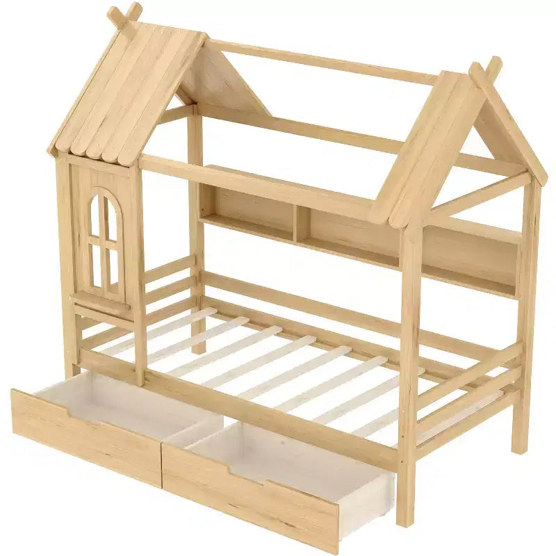 Letto per Bambini a Casa su Piattaforma in Legno Massello Twin/Full con Cassetti/Ripiani Portaoggetti, Design a Finestra Infantile