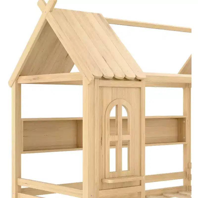 Letto per Bambini a Casa su Piattaforma in Legno Massello Twin/Full con Cassetti/Ripiani Portaoggetti, Design a Finestra Infantile