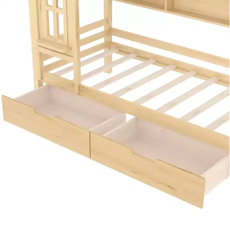 Letto per Bambini a Casa su Piattaforma in Legno Massello Twin/Full con Cassetti/Ripiani Portaoggetti, Design a Finestra Infantile