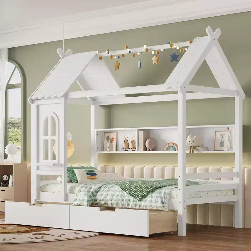 Letto per Bambini a Casa su Piattaforma in Legno Massello Twin/Full con Cassetti/Ripiani Portaoggetti, Design a Finestra Infantile