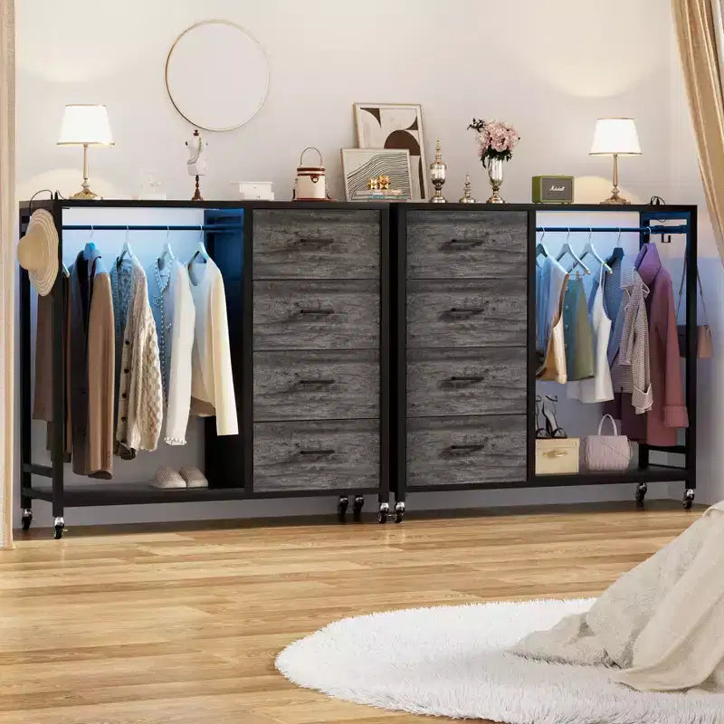 Appendiabiti, Cassettiere con Stazione di Ricarica e Luci a Led, Cassettiera a 4 Cassetti per Camera da Letto
