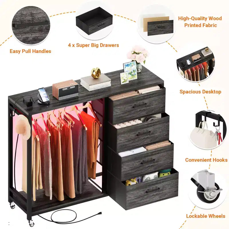 Appendiabiti, Cassettiere con Stazione di Ricarica e Luci a Led, Cassettiera a 4 Cassetti per Camera da Letto