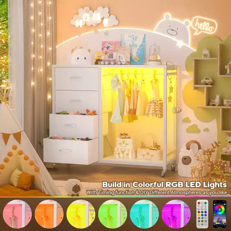 Appendiabiti, Cassettiere con Stazione di Ricarica e Luci a Led, Cassettiera a 4 Cassetti per Camera da Letto