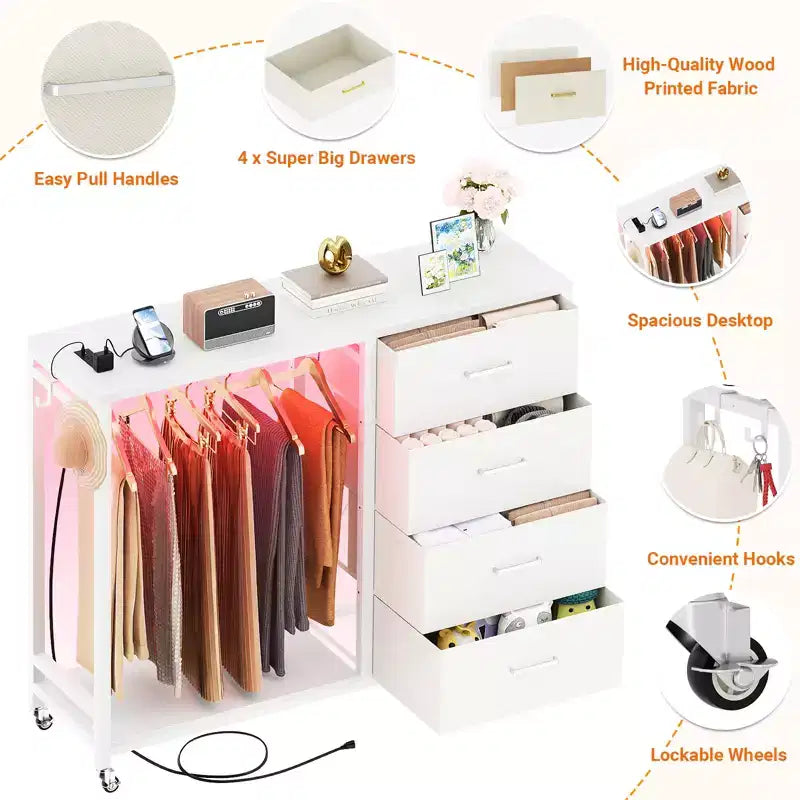 Appendiabiti, Cassettiere con Stazione di Ricarica e Luci a Led, Cassettiera a 4 Cassetti per Camera da Letto