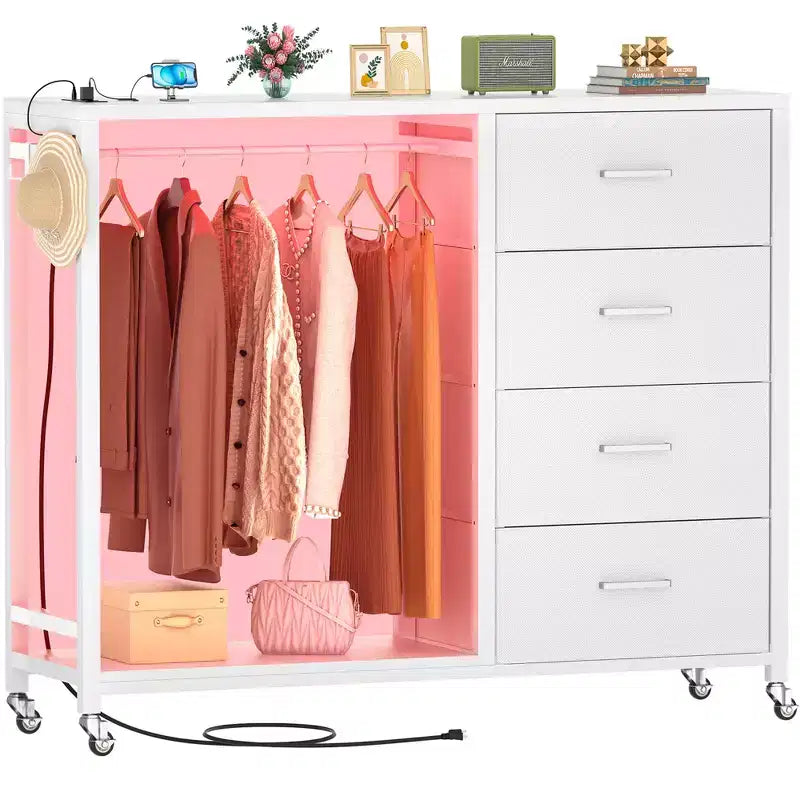Appendiabiti, Cassettiere con Stazione di Ricarica e Luci a Led, Cassettiera a 4 Cassetti per Camera da Letto