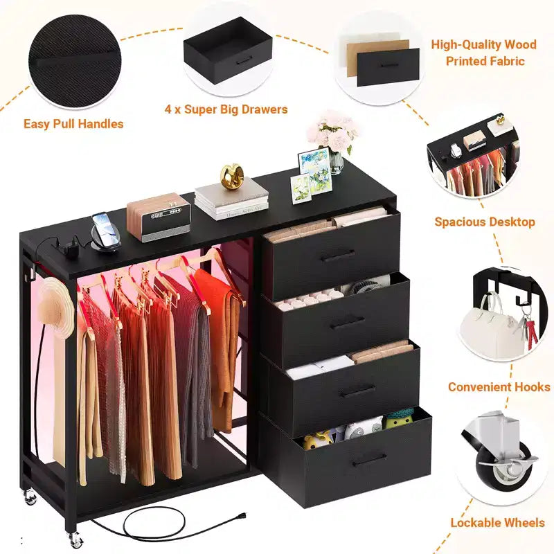 Appendiabiti, Cassettiere con Stazione di Ricarica e Luci a Led, Cassettiera a 4 Cassetti per Camera da Letto