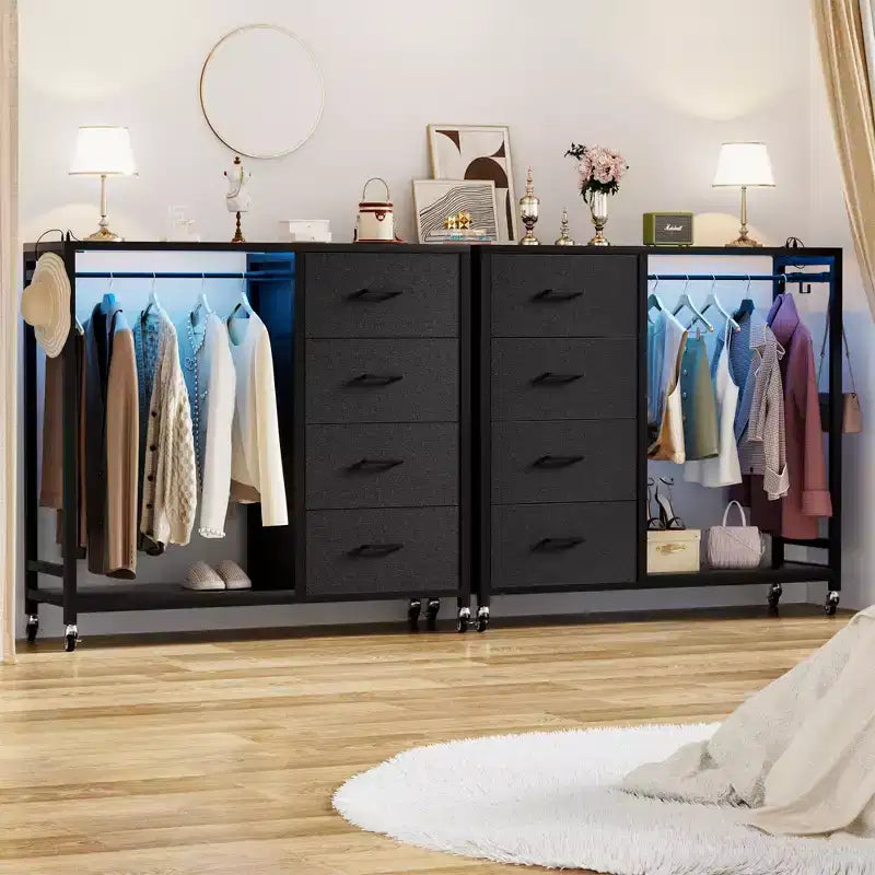 Appendiabiti, Cassettiere con Stazione di Ricarica e Luci a Led, Cassettiera a 4 Cassetti per Camera da Letto
