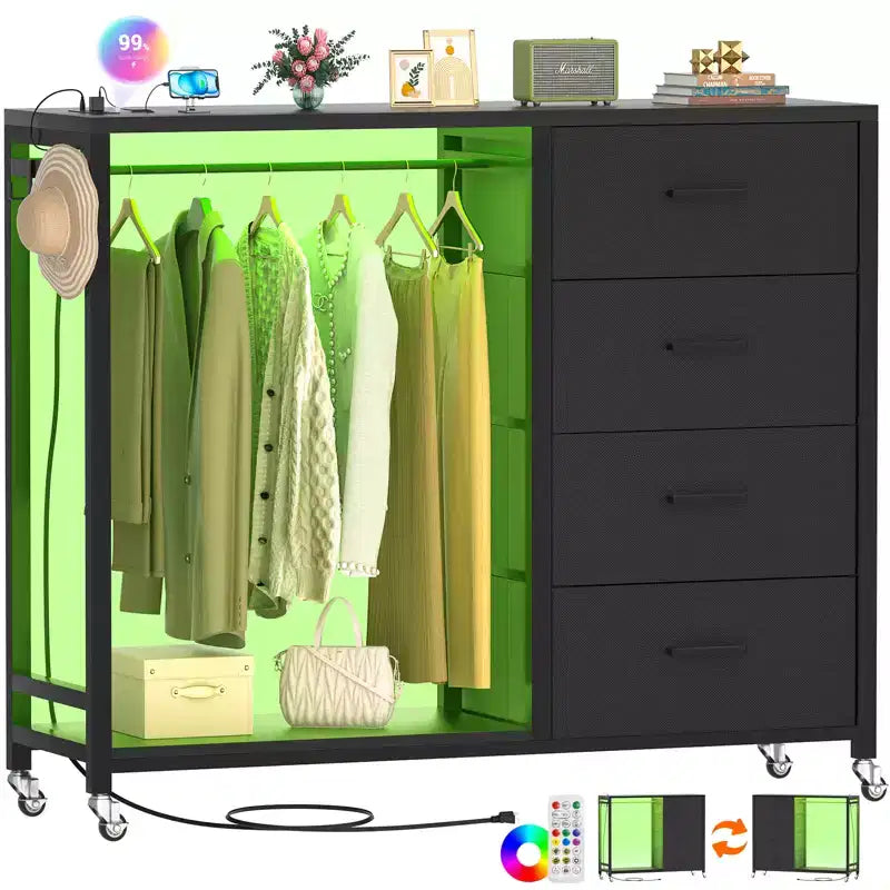Appendiabiti, Cassettiere con Stazione di Ricarica e Luci a Led, Cassettiera a 4 Cassetti per Camera da Letto