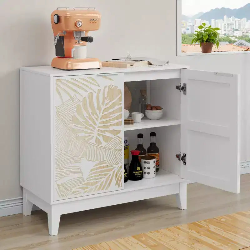 Buffet intagliato con ante accentate da 31,5"W, mobile contenitore decorativo con ripiani regolabili