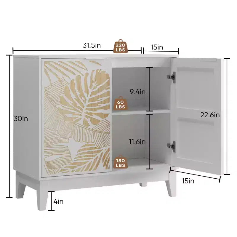 Buffet intagliato con ante accentate da 31,5"W, mobile contenitore decorativo con ripiani regolabili