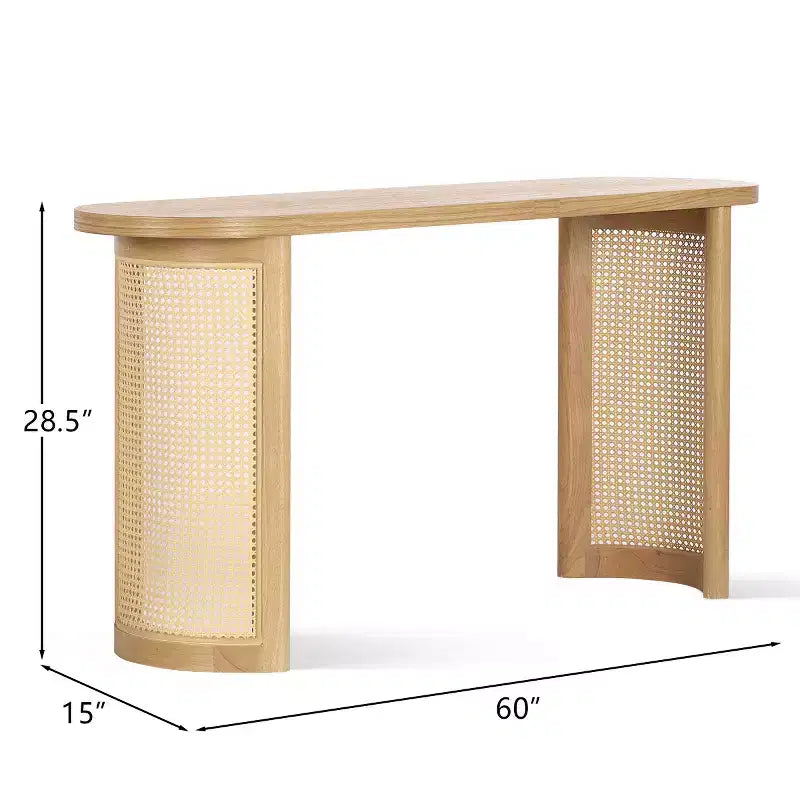 Consolle Ovale 60 con Gambe a Piedistallo in Rattan, Tavolino Stretto da Divano, Tavolo Moderno da Ingresso per Corridoio, Soggiorno e Foyer