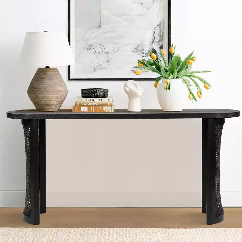 Consolle Ovale 60 con Gambe a Piedistallo in Rattan, Tavolino Stretto da Divano, Tavolo Moderno da Ingresso per Corridoio, Soggiorno e Foyer