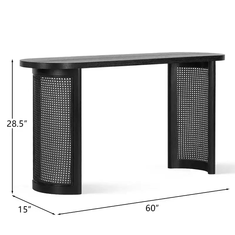 Consolle Ovale 60 con Gambe a Piedistallo in Rattan, Tavolino Stretto da Divano, Tavolo Moderno da Ingresso per Corridoio, Soggiorno e Foyer
