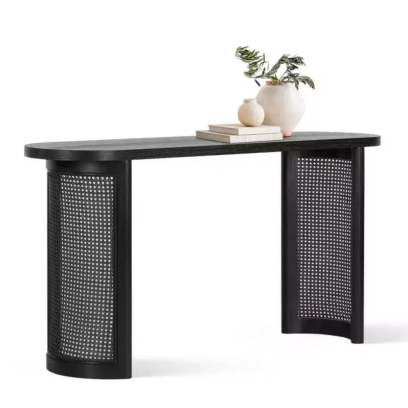 Consolle Ovale 60 con Gambe a Piedistallo in Rattan, Tavolino Stretto da Divano, Tavolo Moderno da Ingresso per Corridoio, Soggiorno e Foyer