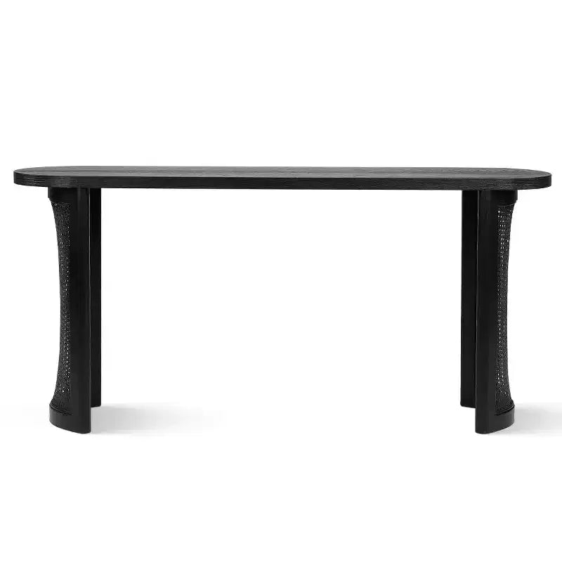 Consolle Ovale 60 con Gambe a Piedistallo in Rattan, Tavolino Stretto da Divano, Tavolo Moderno da Ingresso per Corridoio, Soggiorno e Foyer