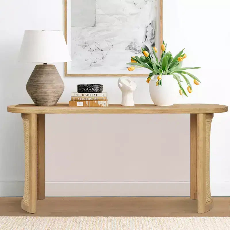 Consolle Ovale 60 con Gambe a Piedistallo in Rattan, Tavolino Stretto da Divano, Tavolo Moderno da Ingresso per Corridoio, Soggiorno e Foyer