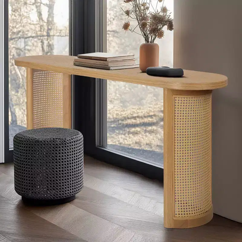 Consolle Ovale 60 con Gambe a Piedistallo in Rattan, Tavolino Stretto da Divano, Tavolo Moderno da Ingresso per Corridoio, Soggiorno e Foyer