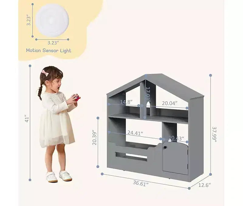 Libreria per bambini, organizer portaoggetti per giocattoli, libreria in legno per bambini con luce con sensore di movimento, libreria a forma di casa delle bambole per cameretta dei bambini