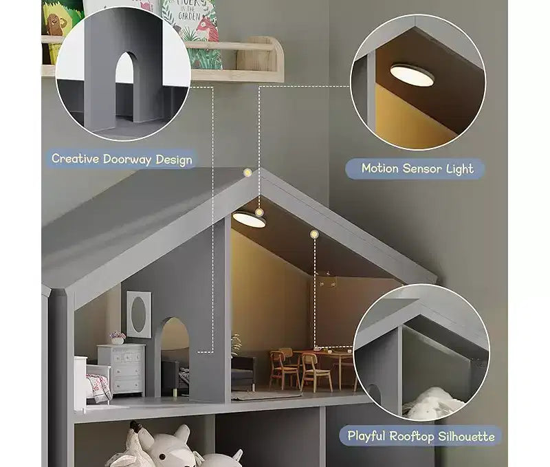 Libreria per bambini, organizer portaoggetti per giocattoli, libreria in legno per bambini con luce con sensore di movimento, libreria a forma di casa delle bambole per cameretta dei bambini