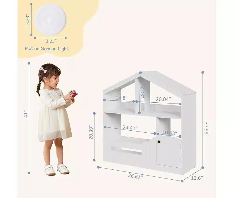 Libreria per bambini, organizer portaoggetti per giocattoli, libreria in legno per bambini con luce con sensore di movimento, libreria a forma di casa delle bambole per cameretta dei bambini
