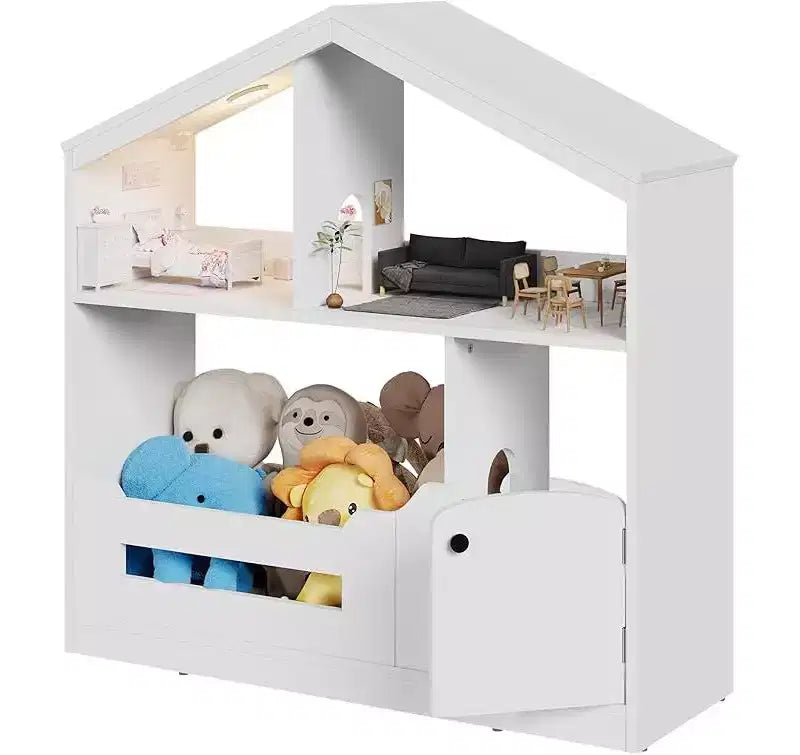 Libreria per bambini, organizer portaoggetti per giocattoli, libreria in legno per bambini con luce con sensore di movimento, libreria a forma di casa delle bambole per cameretta dei bambini