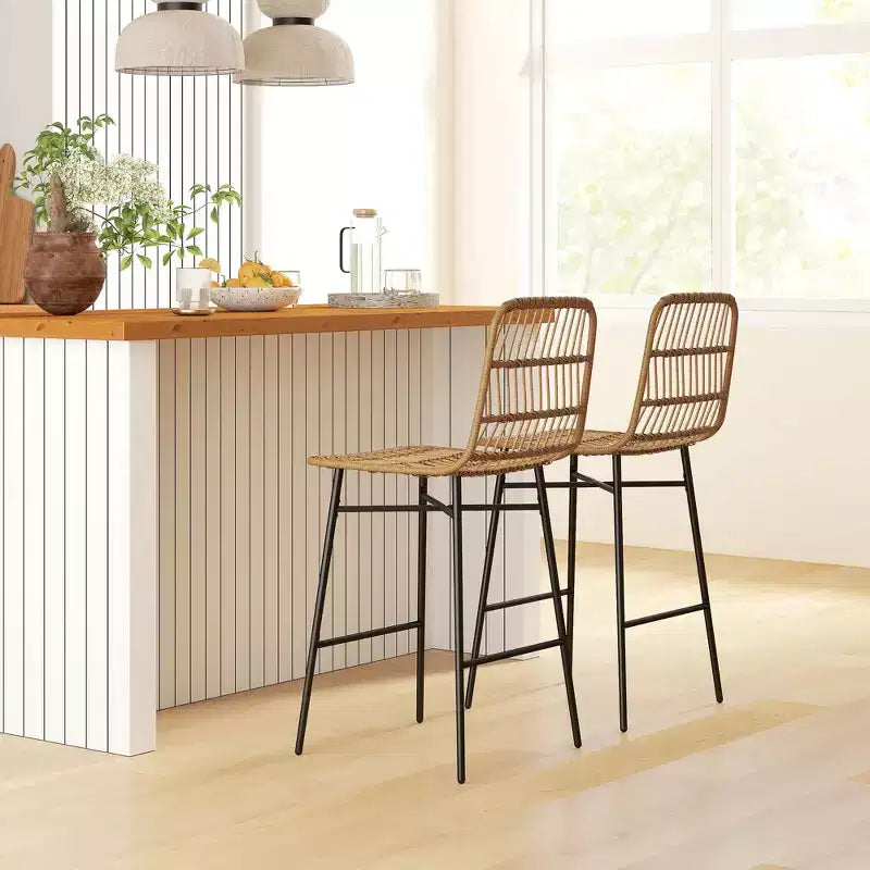 Sgabelli da Bar in Rattan, Set da 2, Sgabelli da 66 cm con Schienale, Sedie da Bar per Isola della Cucina