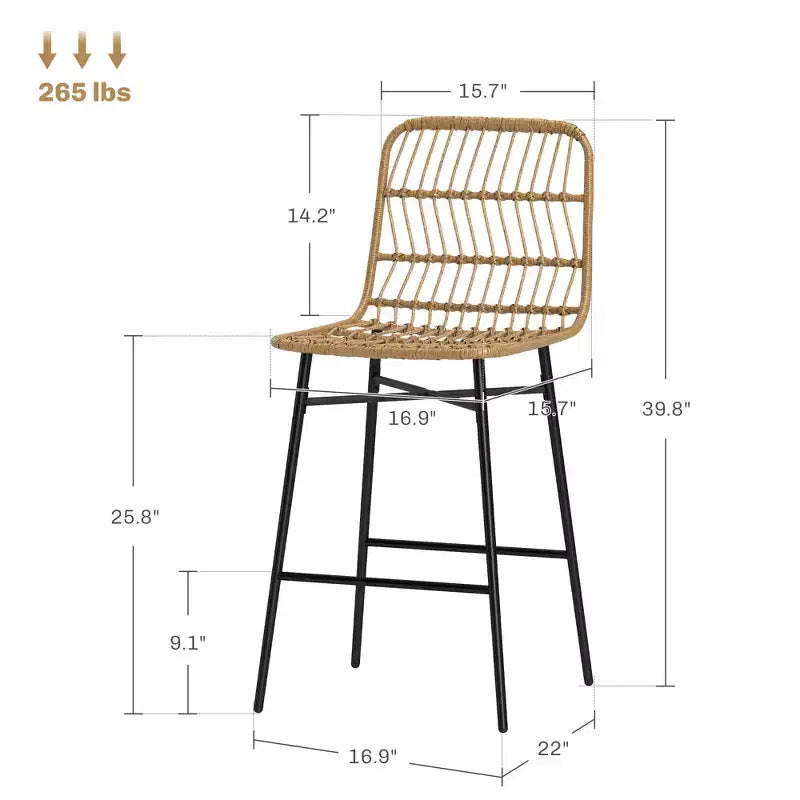 Sgabelli da Bar in Rattan, Set da 2, Sgabelli da 66 cm con Schienale, Sedie da Bar per Isola della Cucina