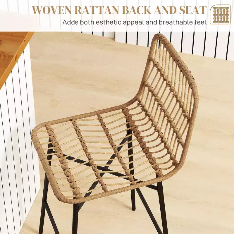 Sgabelli da Bar in Rattan, Set da 2, Sgabelli da 66 cm con Schienale, Sedie da Bar per Isola della Cucina