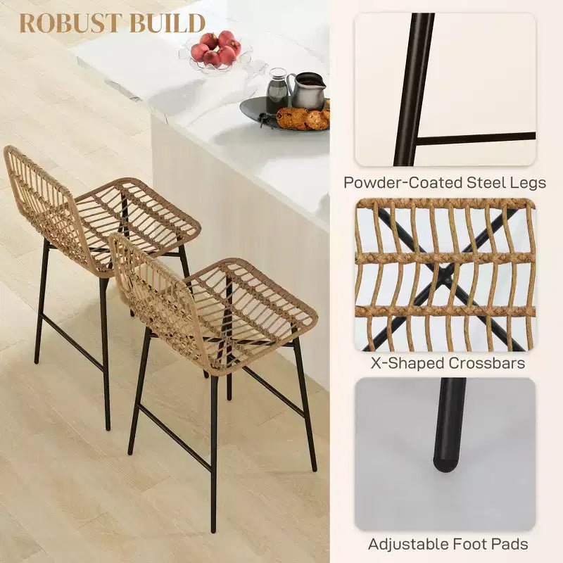 Sgabelli da Bar in Rattan, Set da 2, Sgabelli da 66 cm con Schienale, Sedie da Bar per Isola della Cucina