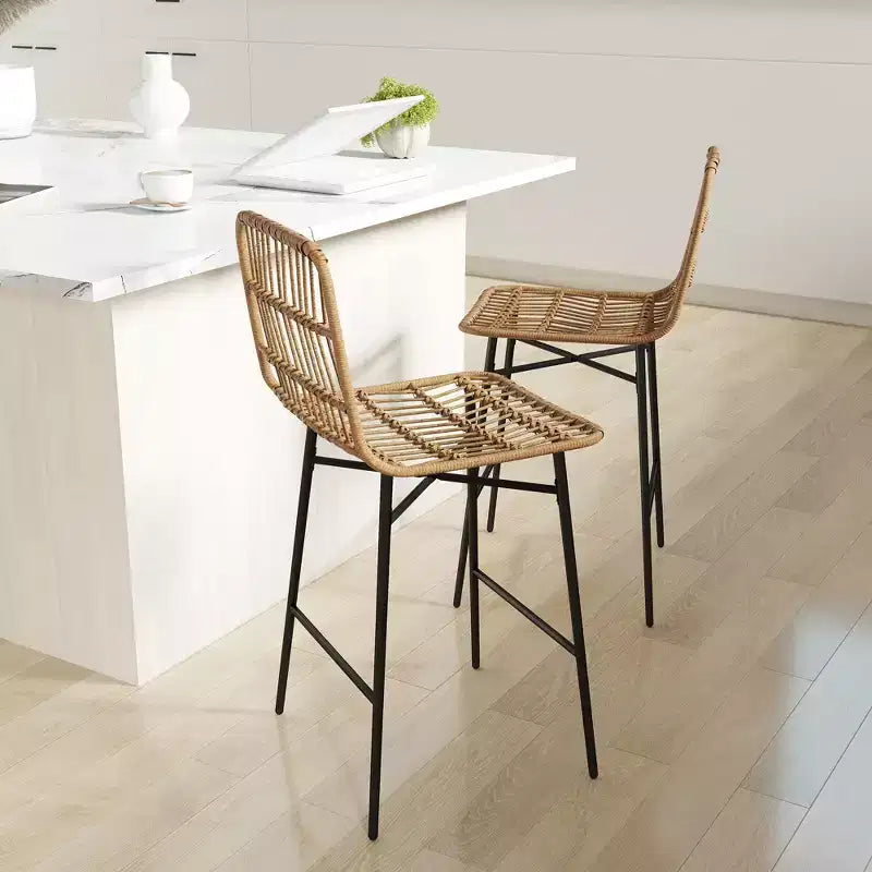 Sgabelli da Bar in Rattan, Set da 2, Sgabelli da 66 cm con Schienale, Sedie da Bar per Isola della Cucina