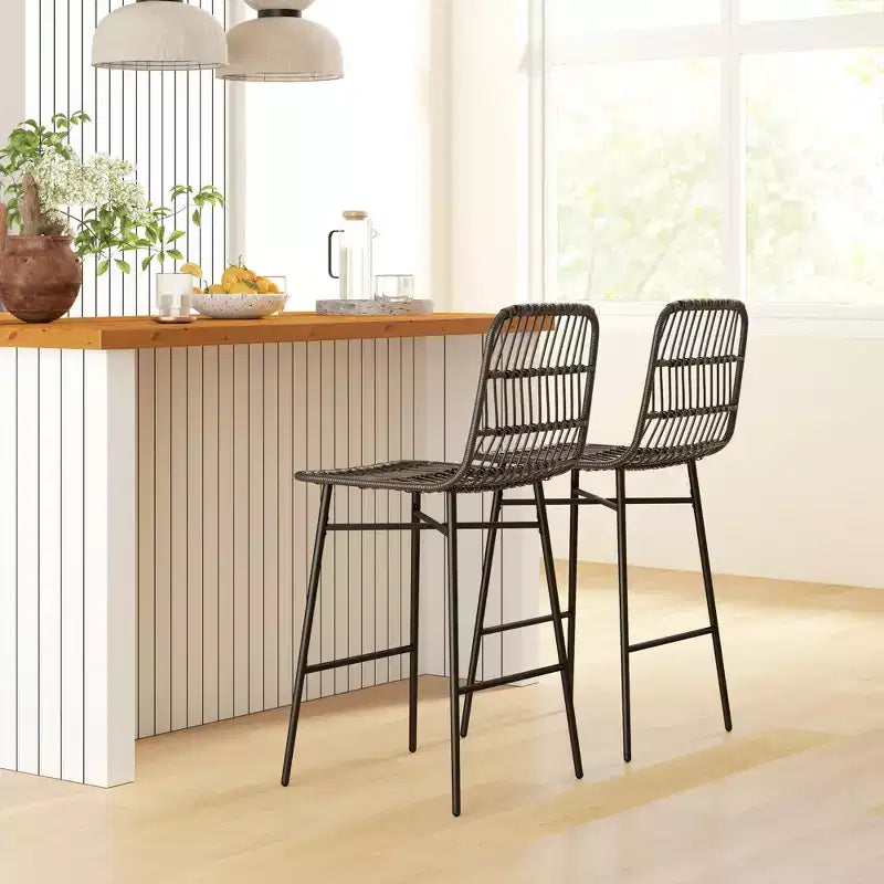 Sgabelli da Bar in Rattan, Set da 2, Sgabelli da 66 cm con Schienale, Sedie da Bar per Isola della Cucina