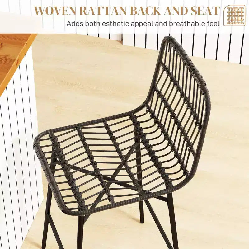 Sgabelli da Bar in Rattan, Set da 2, Sgabelli da 66 cm con Schienale, Sedie da Bar per Isola della Cucina