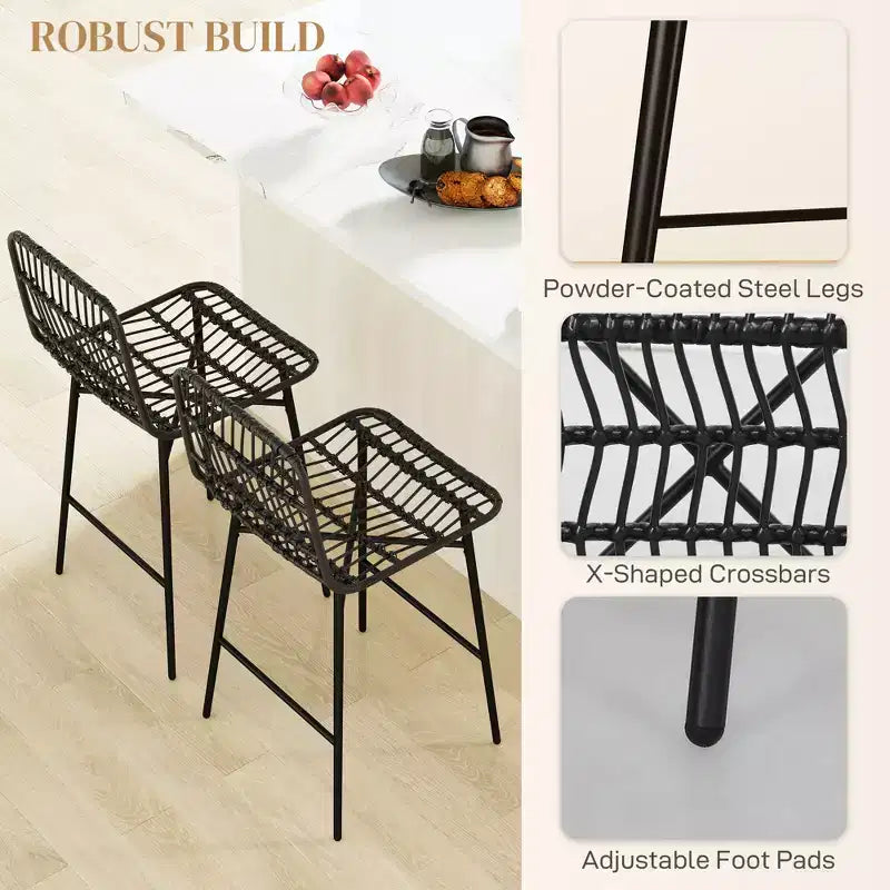 Sgabelli da Bar in Rattan, Set da 2, Sgabelli da 66 cm con Schienale, Sedie da Bar per Isola della Cucina